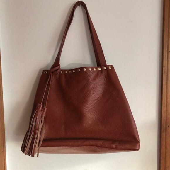 LAGGO Remy British Tan Leather Gold Studded Tassel Tote Bag NWOT - Picture 3 of 17